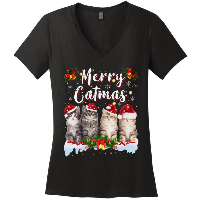 Cat Christmas Santa Hat Funny Merry Catmas Meowy Women Gift Women's V-Neck T-Shirt