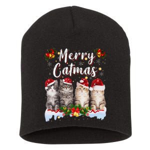 Cat Christmas Santa Hat Funny Merry Catmas Meowy Women Gift Short Acrylic Beanie