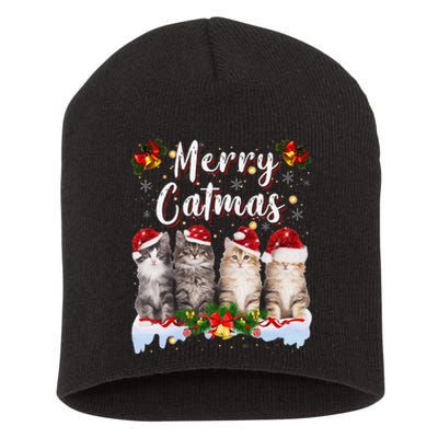 Cat Christmas Santa Hat Funny Merry Catmas Meowy Women Gift Short Acrylic Beanie