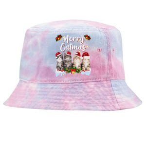 Cat Christmas Santa Hat Funny Merry Catmas Meowy Women Gift Tie-Dyed Bucket Hat