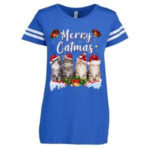 Cat Christmas Santa Hat Funny Merry Catmas Meowy Women Gift Enza Ladies Jersey Football T-Shirt