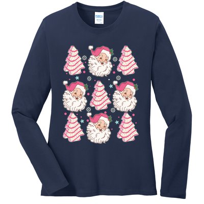 Cute Christmas Snack Cake Trees Santa Claus Ladies Long Sleeve Shirt