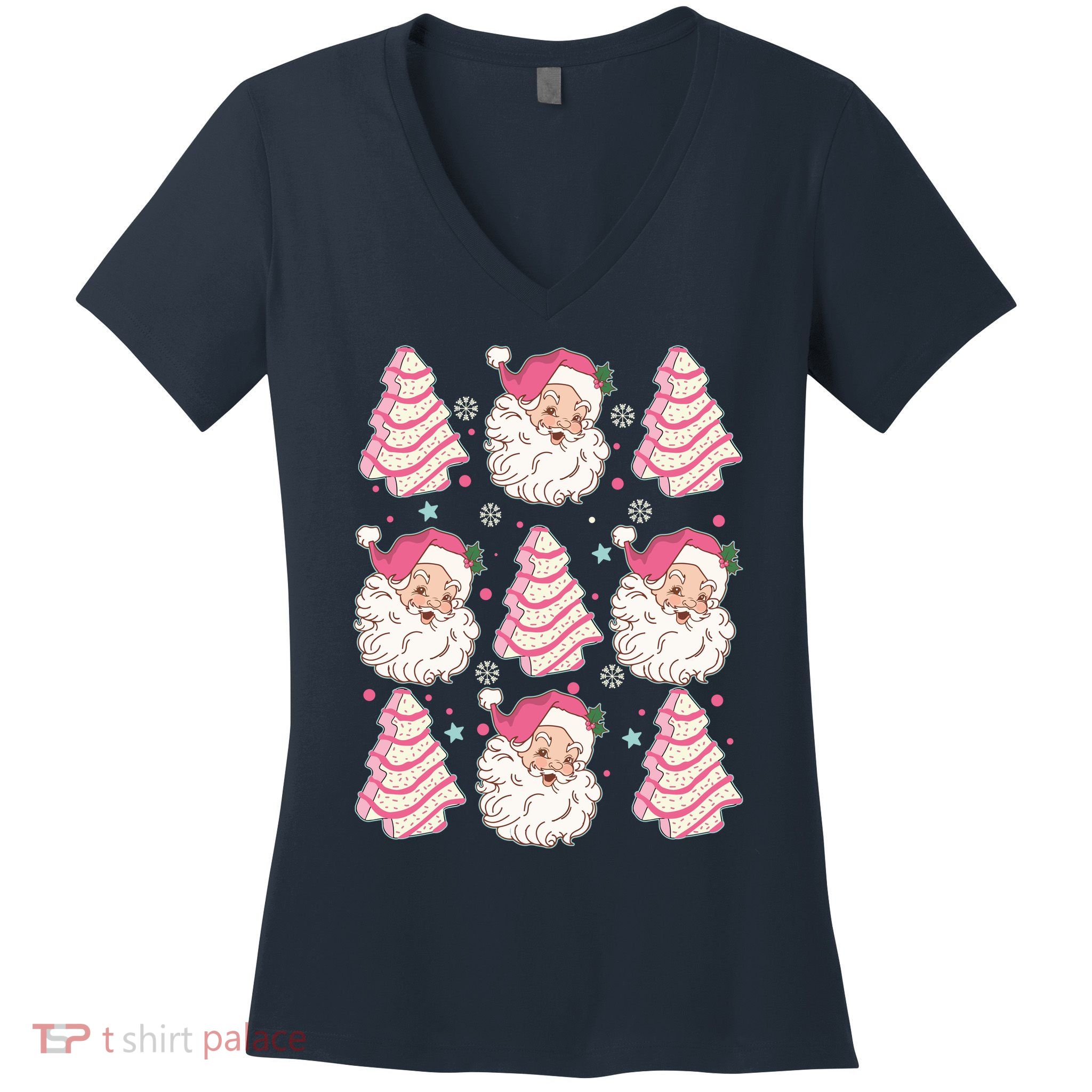 Cute Christmas Snack Cake Trees Santa Claus Women's V-Neck T-Shirt