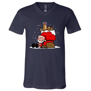 Christmas Cute Santa Claus And Rudolph Winter Snow Christmas V-Neck T-Shirt