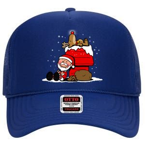 Christmas Cute Santa Claus And Rudolph Winter Snow Christmas High Crown Mesh Back Trucker Hat