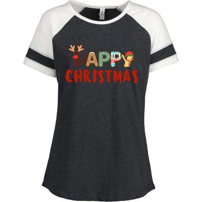 Christmas Cute Santa Cute Reindeer Enza Ladies Jersey Colorblock Tee