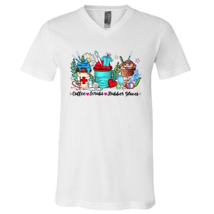 Christmas Coffee Scrubs Rubber Gloves Funny Xmas Nurse Great Gift V-Neck T-Shirt