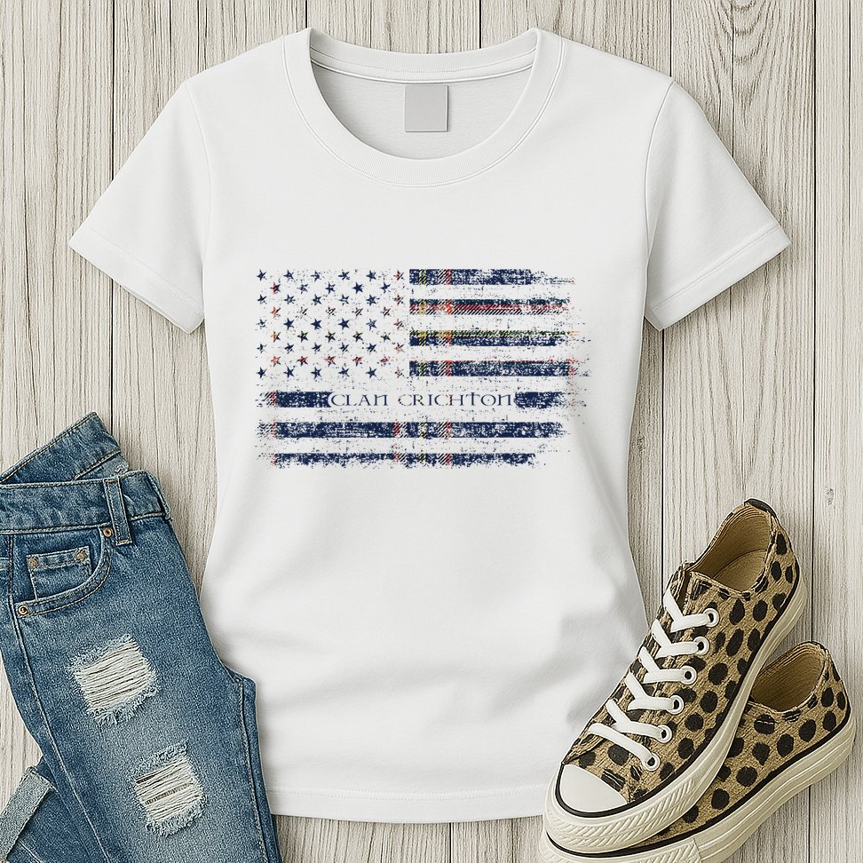 Clan Crichton Scottish Tartan Us Flag Kilt Scotland Womens T-Shirt
