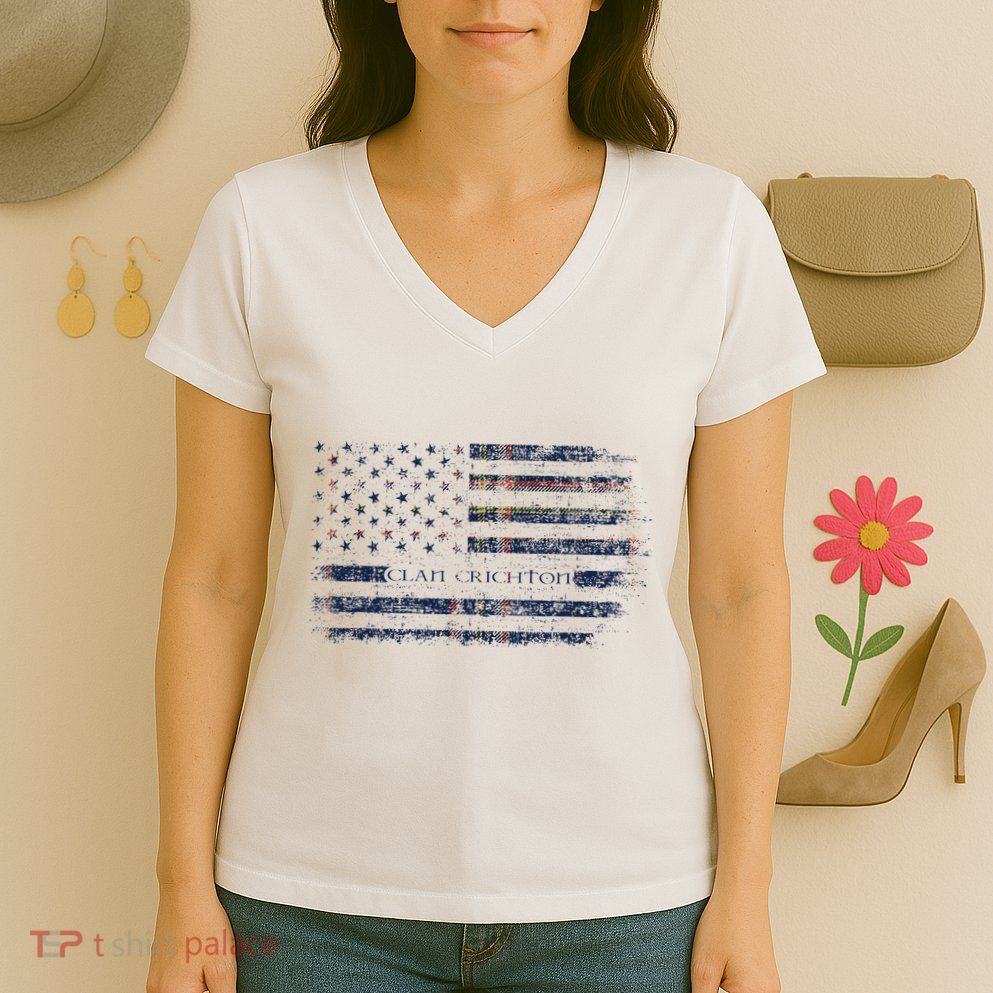 Clan Crichton Scottish Tartan Us Flag Kilt Scotland Women's V-Neck T-Shirt