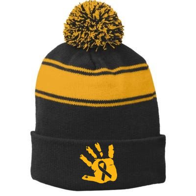 Childhood Cancer Survivor Gold Cancer Ribbon Print Hand Stripe Pom Pom Beanie