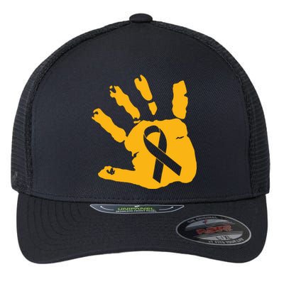 Childhood Cancer Survivor Gold Cancer Ribbon Print Hand Flexfit Unipanel Trucker Cap