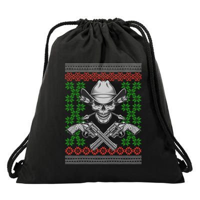 Cool Cowboy Skull Ugly Christmas Sweater Drawstring Bag