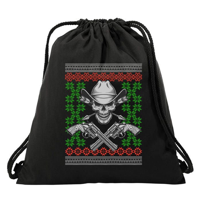 Cool Cowboy Skull Ugly Christmas Sweater Drawstring Bag