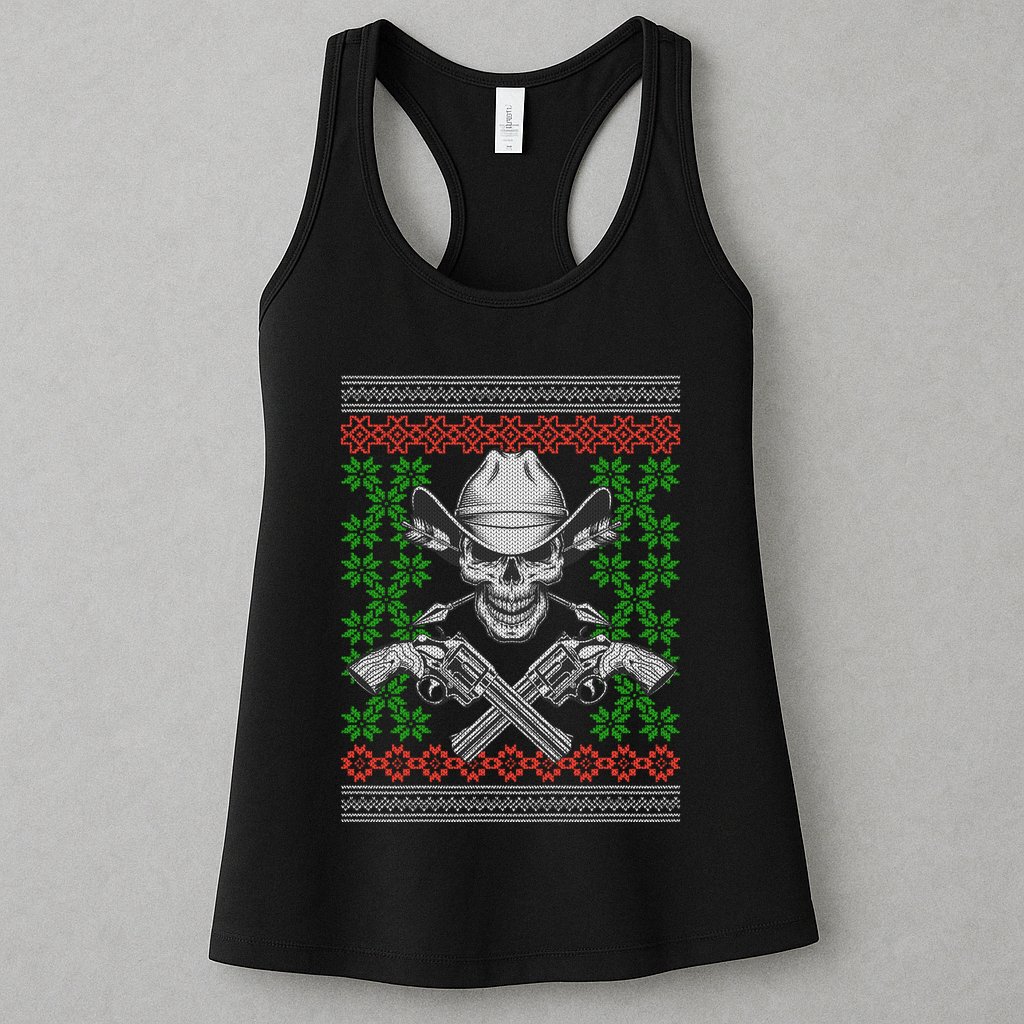 Cool Cowboy Skull Ugly Christmas Sweater Womens Tank Top