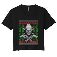 Cool Cowboy Skull Ugly Christmas Sweater Crop Top