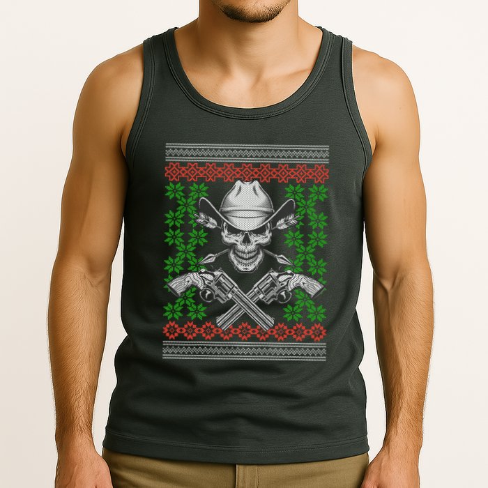 Cool Cowboy Skull Ugly Christmas Sweater Tank Top