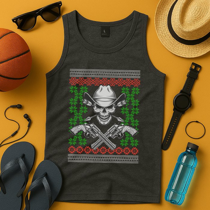 Cool Cowboy Skull Ugly Christmas Sweater Tank Top