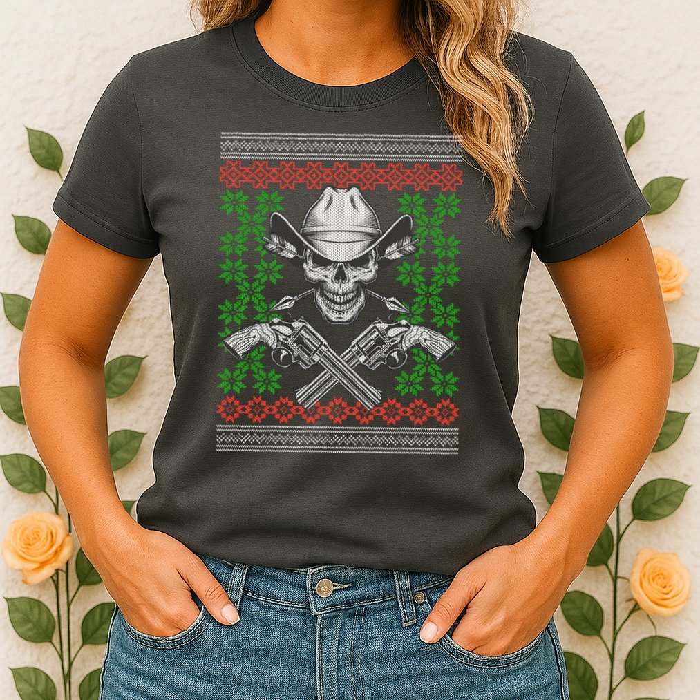 Cool Cowboy Skull Ugly Christmas Sweater Womens T-Shirt