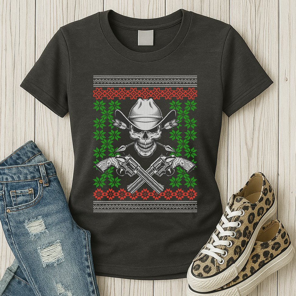 Cool Cowboy Skull Ugly Christmas Sweater Womens T-Shirt