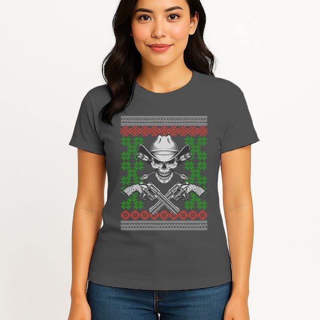 Cool Cowboy Skull Ugly Christmas Sweater Womens T-Shirt