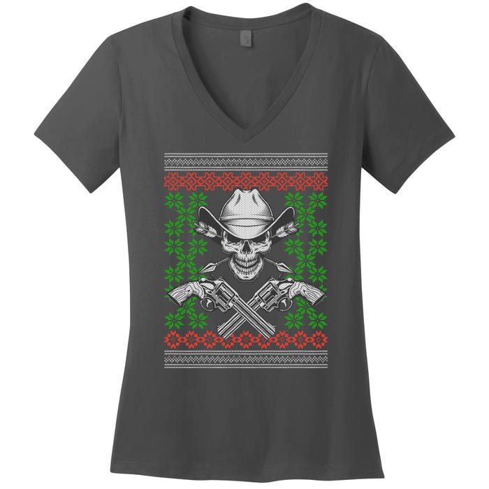 Cool Cowboy Skull Ugly Christmas Sweater Women's V-Neck T-Shirt