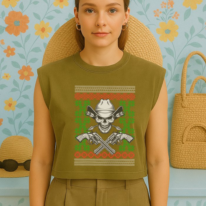 Cool Cowboy Skull Ugly Christmas Sweater Garment-Dyed Women's Muscle Tee