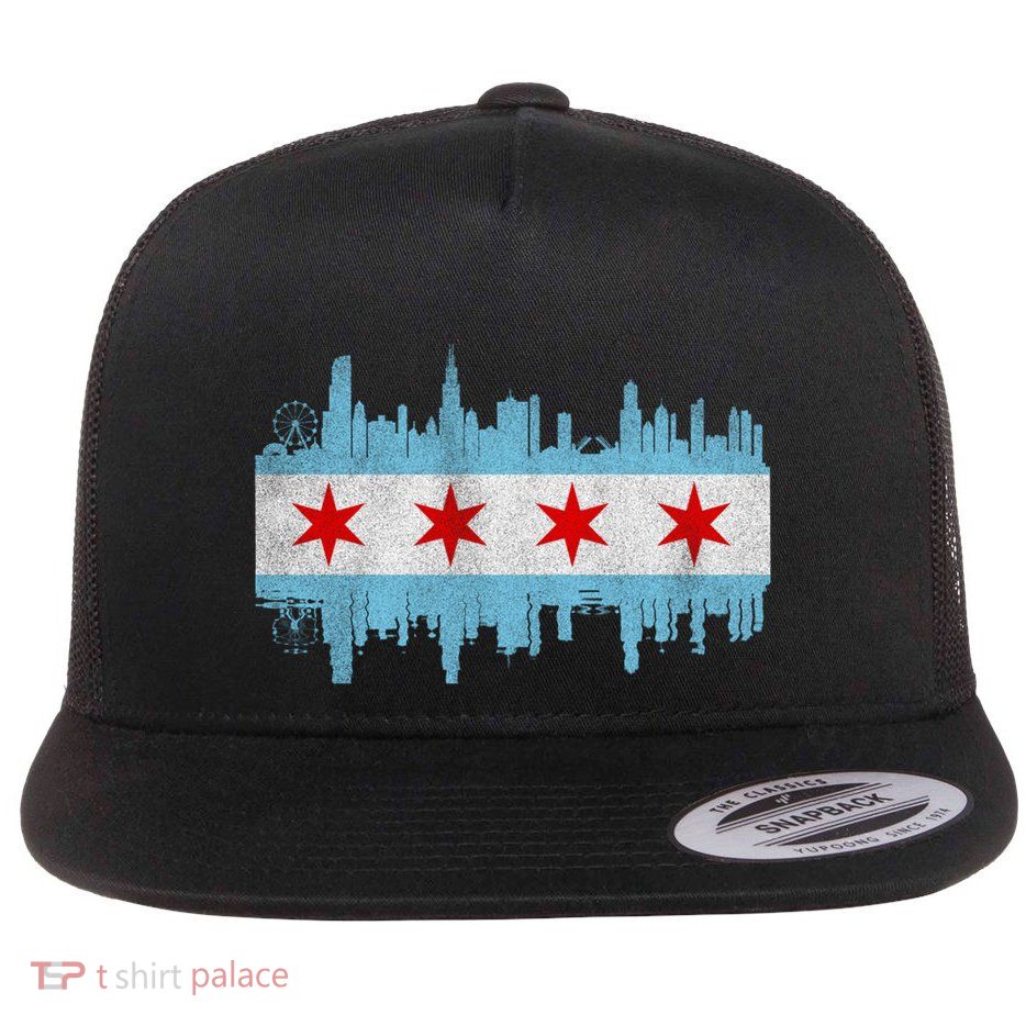 Chicago City Skyline Flag Vintage Chicago City Distressed Cool Gift Flatbill Hat