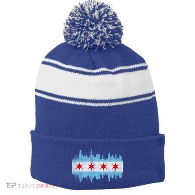 Chicago City Skyline Flag Vintage Chicago City Distressed Cool Gift Stripe Pom Pom Beanie