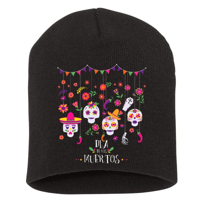 Colorful Calavera Skulls Celebration Mexican Holiday Short Acrylic Beanie