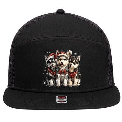 Cute Christmas Siberian Husky Puppy Dogs Santa Hat Mistletoe Gift 7 Panel Mesh Trucker Snapback Hat