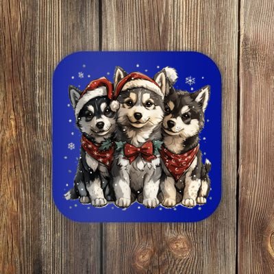 Cute Christmas Siberian Husky Puppy Dogs Santa Hat Mistletoe Gift Coaster