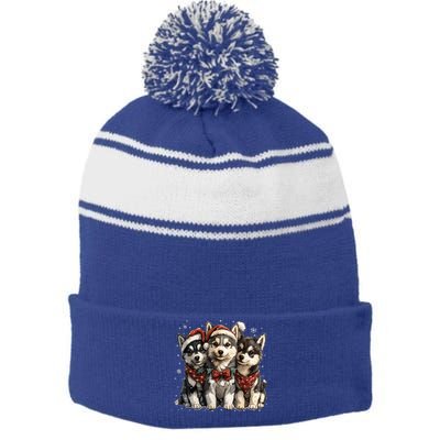 Cute Christmas Siberian Husky Puppy Dogs Santa Hat Mistletoe Gift Stripe Pom Pom Beanie