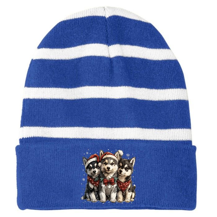 Cute Christmas Siberian Husky Puppy Dogs Santa Hat Mistletoe Gift Striped Beanie with Solid Band