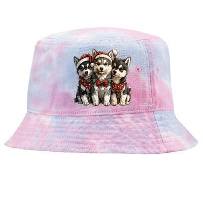 Cute Christmas Siberian Husky Puppy Dogs Santa Hat Mistletoe Gift Tie-Dyed Bucket Hat