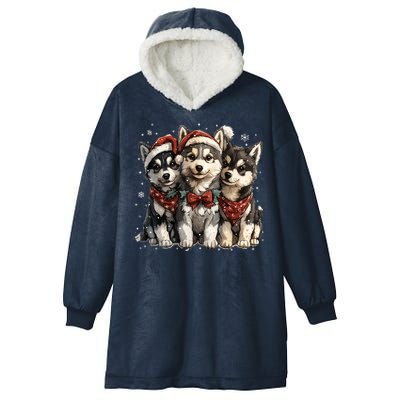 Cute Christmas Siberian Husky Puppy Dogs Santa Hat Mistletoe Gift Hooded Wearable Blanket