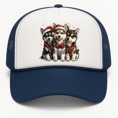 Cute Christmas Siberian Husky Puppy Dogs Santa Hat Mistletoe Gift Trucker Hat