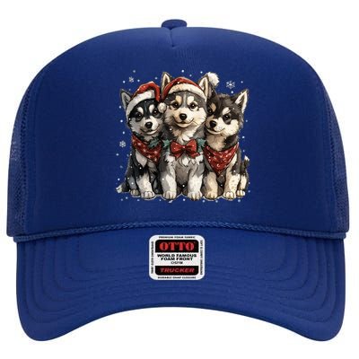 Cute Christmas Siberian Husky Puppy Dogs Santa Hat Mistletoe Gift High Crown Mesh Back Trucker Hat