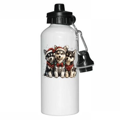 Cute Christmas Siberian Husky Puppy Dogs Santa Hat Mistletoe Gift Aluminum Water Bottle