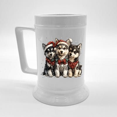 Cute Christmas Siberian Husky Puppy Dogs Santa Hat Mistletoe Gift Beer Stein