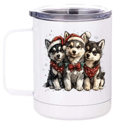 Cute Christmas Siberian Husky Puppy Dogs Santa Hat Mistletoe Gift 12 oz Stainless Steel Tumbler Cup