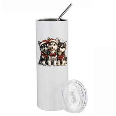 Cute Christmas Siberian Husky Puppy Dogs Santa Hat Mistletoe Gift Stainless Steel Tumbler