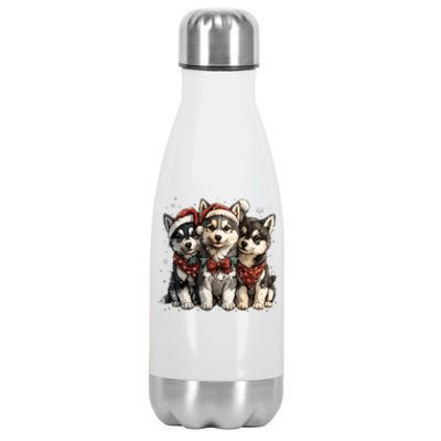 Cute Christmas Siberian Husky Puppy Dogs Santa Hat Mistletoe Gift Stainless Steel Insulated Water Bottle