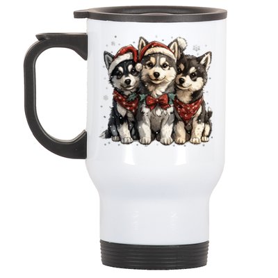 Cute Christmas Siberian Husky Puppy Dogs Santa Hat Mistletoe Gift Stainless Steel Travel Mug