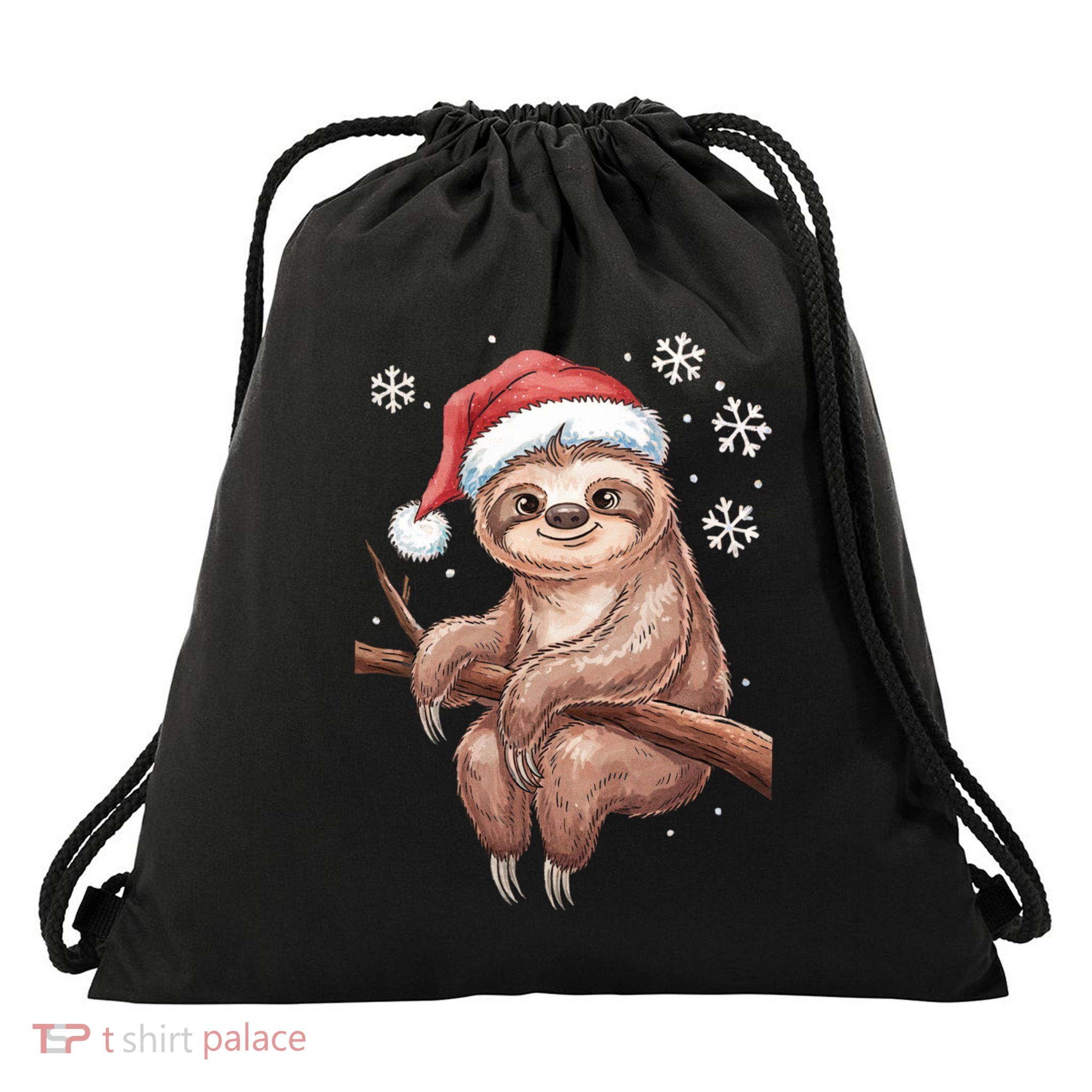 Cute Christmas Sloth Santa Hat Snowflakes Lazy Holiday Funny Gift Drawstring Bag