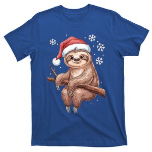 Cute Christmas Sloth Santa Hat Snowflakes Lazy Holiday Funny Gift T-Shirt