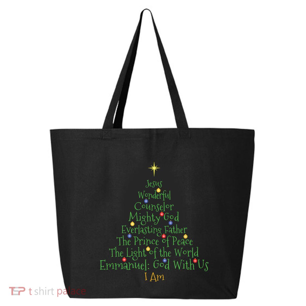 Christian Christmas Shirts Bible Names Of Jesus Tree Shaped 25L Jumbo Tote