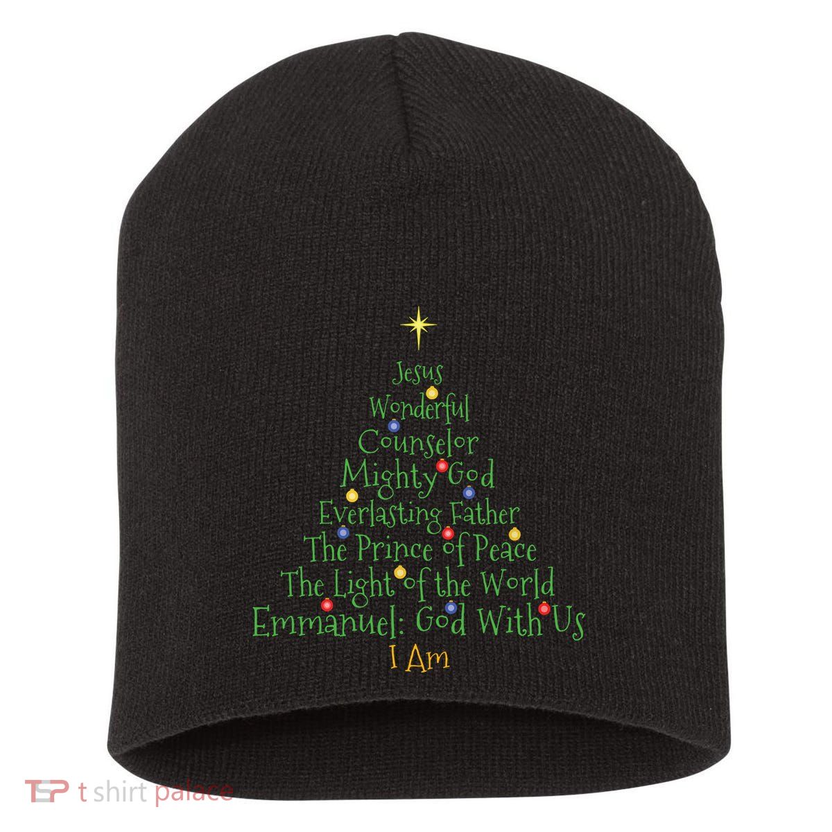 Christian Christmas Shirts Bible Names Of Jesus Tree Shaped Short Acrylic Beanie