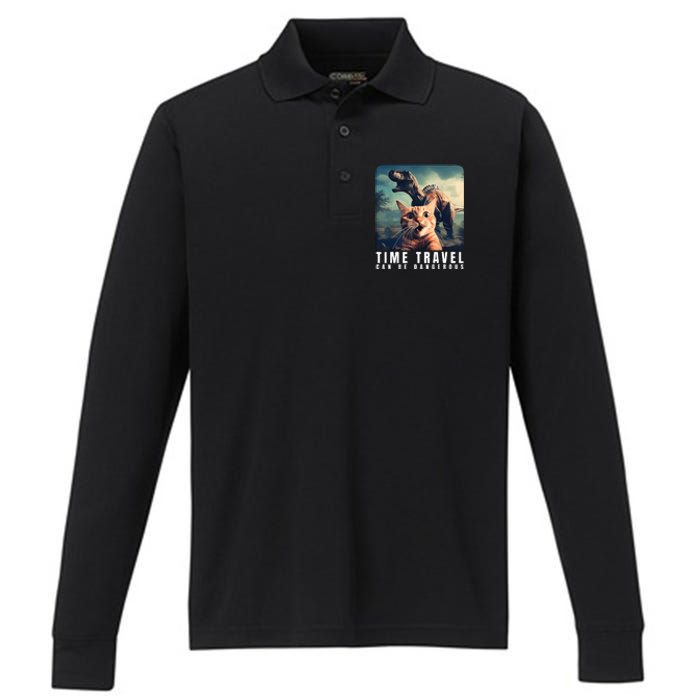 Crazy Cat Selfie Run Time Travel Can Be Dangerous Cat Love Performance Long Sleeve Polo