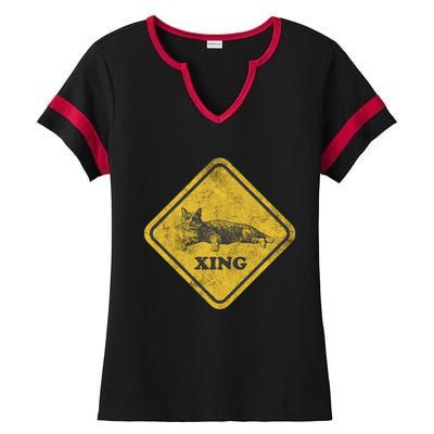 Cat Crossing Sign Lazy Cat Gift Ladies Halftime Notch Neck Tee