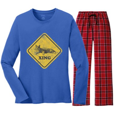 Cat Crossing Sign Lazy Cat Gift Women's Long Sleeve Flannel Pajama Set 